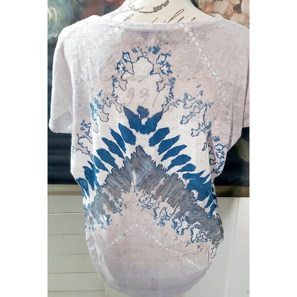 KINROSS 100% Linen Top size Small Blouse White Blue Gray Beach Travel Vacation - Picture 2 of 3